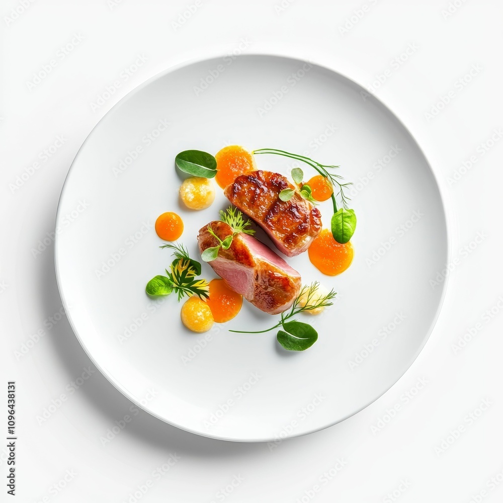 Elegant plated duck breast, orange sauce, herbs. Elegant plated duck breast, orange sauce, herbs.