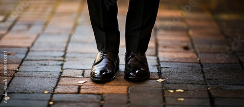 Groom's polished shoes on wedding day standing on cobblestone path showcasing elegance and attention to detail in formal attire. photo