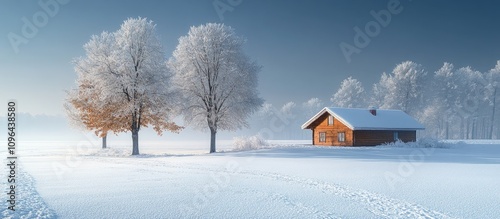 Winter landscape with leafless trees and a cozy wooden cabin surrounded by fresh snow under a serene blue sky