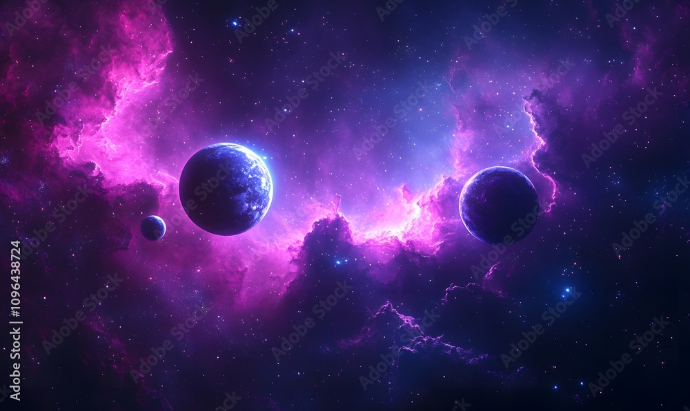 A high-resolution abstract background showing a dramatic nebula with planets floating in the void of deep space A high-resolution abstract background showing a dramatic nebula with planets floating in the void of deep space