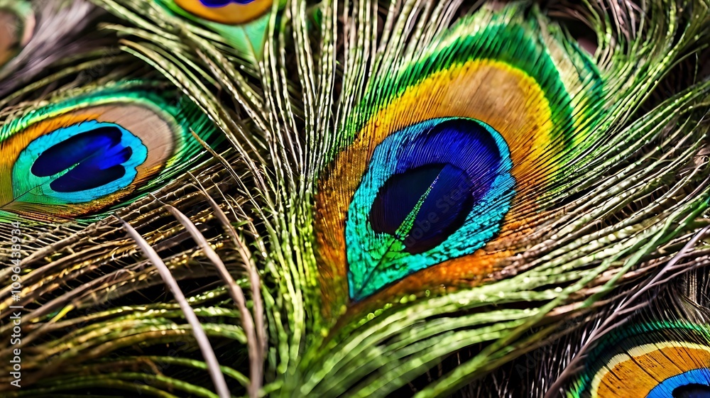 Obraz premium Colorful peacock feathers texture background, closeup, wallpaper