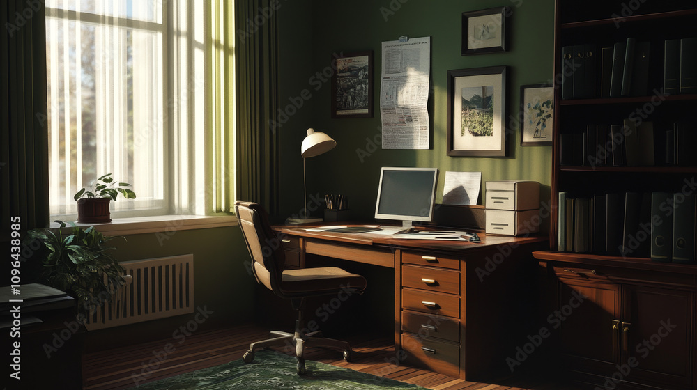 Fototapeta premium In the room, a beautifully arranged desk is complemented by a stylish, modern lamp and a comfortable chair, all contributing to a cozy and fully functional workspace.
