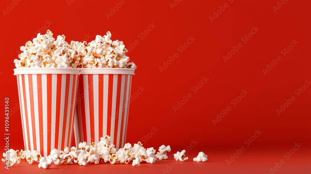 two red and white striped paper cups filled with popcorn on a red background The popcorn is spilling out of the cups, giving the impression that it is freshly popp two red and white striped paper cups filled with popcorn on a red background The popcorn is spilling out of the cups, giving the impression that it is freshly popp