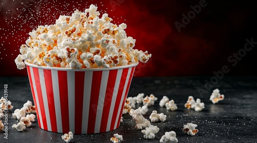  a red and white striped bucket filled with popcorn on top of a black table, with some of the popcorn spilling out onto the surface The background is a deep red col