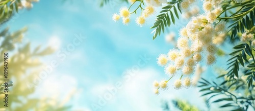 Blooming white mimosa flowers against a serene sky and lush greenery creating a beautiful floral backdrop with selective focus and copy space