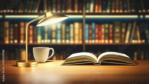 Cozy home workspace, wooden table, bookshelves, cup of coffee, open book, warm lighting from table lamp, side view, vintage decor, soft fabric chair, organized workspace