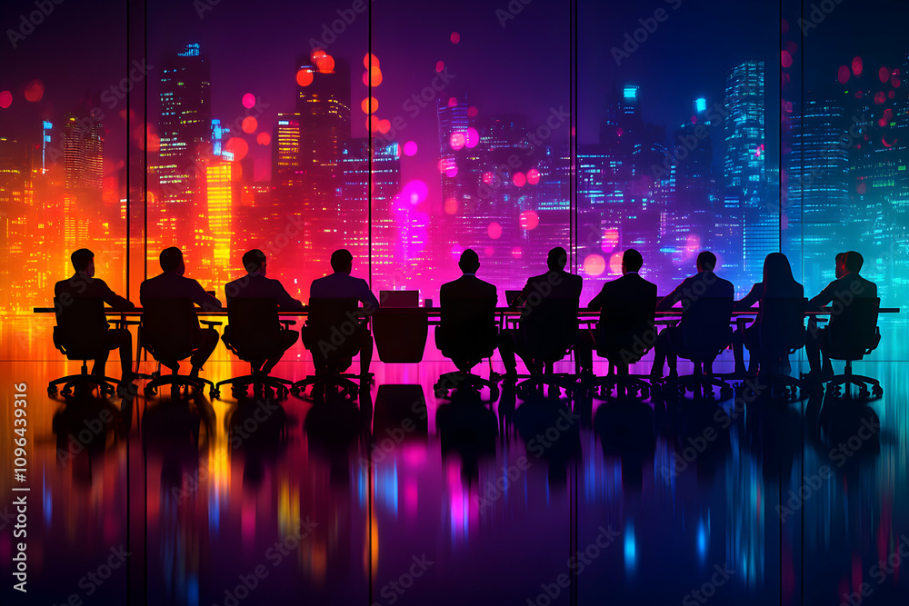 Silhouetted Business Team Meeting, Night Cityscape Background Silhouetted Business Team Meeting, Night Cityscape Background