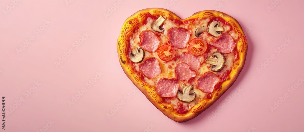 Heart shaped pizza adorned with ham tomatoes and mushrooms on pink background symbolizing culinary romance and love for gourmet food Heart shaped pizza adorned with ham tomatoes and mushrooms on pink background symbolizing culinary romance and love for gourmet food