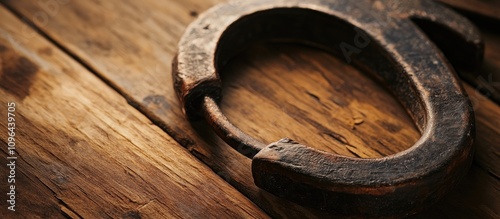 Horseshoe symbolizing good luck placed on rustic wooden background for fortune and superstition themes photo