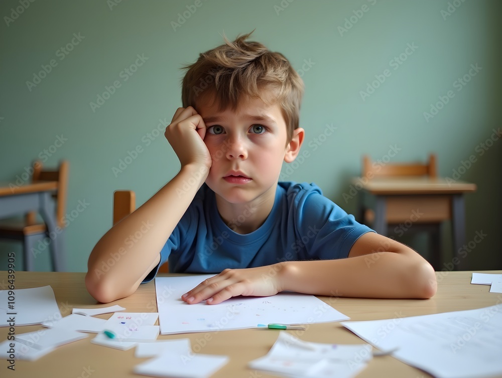 Frustrated bored boy sitting at a school desk, surrounded Frustrated bored boy sitting at a school desk, surrounded