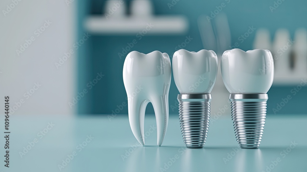 Dentist showcases a bright-colored dental implant model while surrounded by dental prosthetics in a clinical environment Dentist showcases a bright-colored dental implant model while surrounded by dental prosthetics in a clinical environment