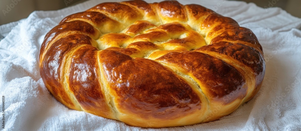 Ukrainian round loaf beautifully displayed on a textured white towel showcasing its golden crust and intricate braided design. Ukrainian round loaf beautifully displayed on a textured white towel showcasing its golden crust and intricate braided design.