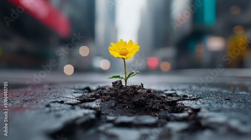  a small yellow flower growing out of a pothole in the middle of a city street, with a blurred background