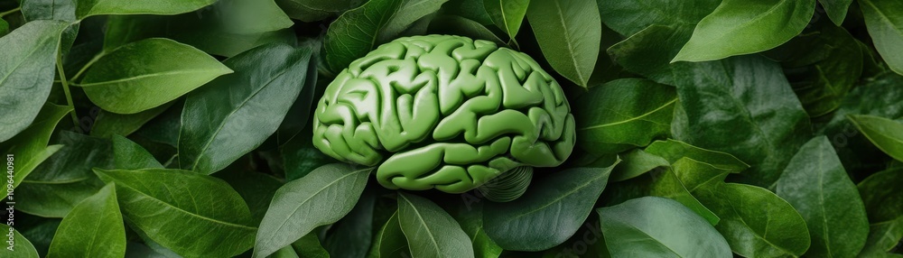 A vivid green brain rests amidst lush leaves, symbolizing the connection between nature and mental intellect. A vivid green brain rests amidst lush leaves, symbolizing the connection between nature and mental intellect.