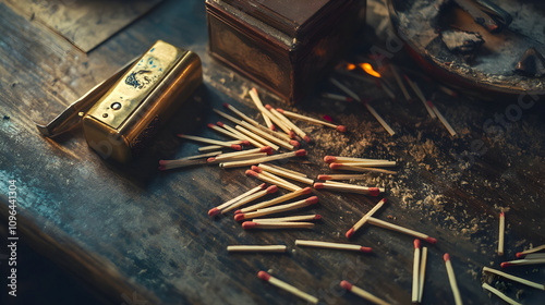 Scattered Red-Tipped Wooden Matches with Open Vintage Matchbox on Rustic Wooden Surface in a Cozy Firelit Scene photo