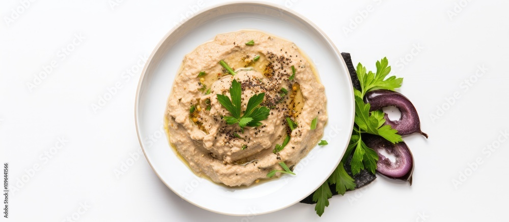 Creamy Babaganoush served with herbs on a white plate highlighting plant-based vegan cuisine with space for text and design elements Creamy Babaganoush served with herbs on a white plate highlighting plant-based vegan cuisine with space for text and design elements