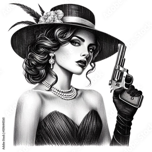 A glamorous woman dressed elegantly, holding a revolver, exuding vintage charm with a femme fatale theme. She was created in a scratchboard style, resembling a black-and-white sketch engraving,