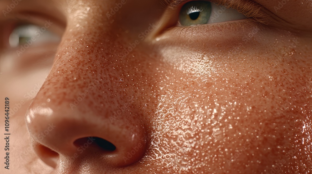 a close up of a woman's face with water droplets on her nose and green eyes The background is blurred, giving the focus to the woman's skin a close up of a woman's face with water droplets on her nose and green eyes The background is blurred, giving the focus to the woman's skin