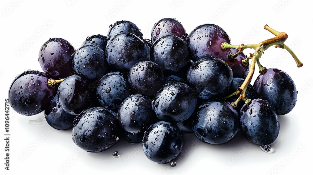 Close-up of a Bunch of Dark Grapes with Water Droplets, Isolated on White Background Close-up of a Bunch of Dark Grapes with Water Droplets, Isolated on White Background