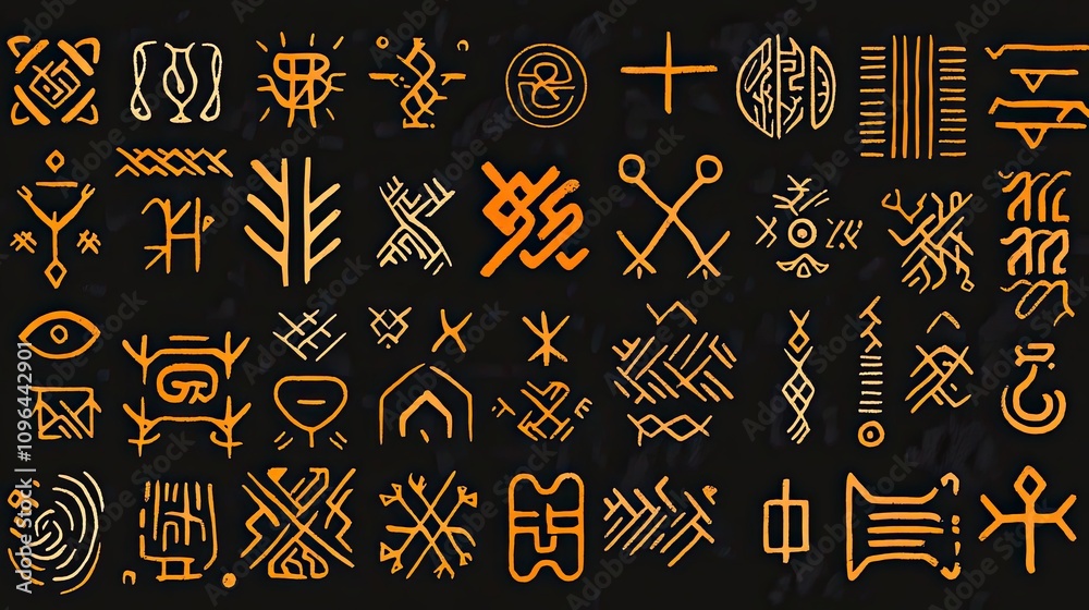A Collection of Ancient Orange Symbols on a Black Background A Collection of Ancient Orange Symbols on a Black Background