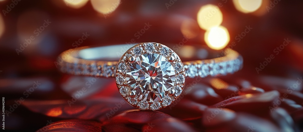 Fototapeta premium Elegant diamond engagement ring with halo setting on decorative table background featuring bokeh lights for romantic proposals.