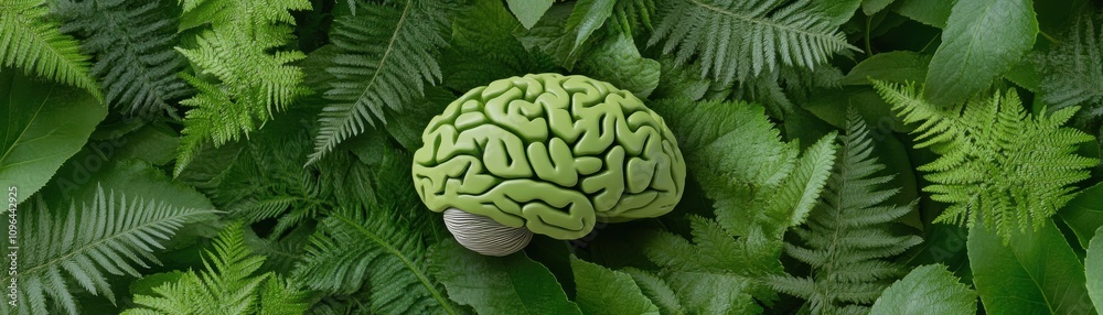 A vivid green brain rests among lush ferns, symbolizing growth, creativity, and the connection between nature and intellect. A vivid green brain rests among lush ferns, symbolizing growth, creativity, and the connection between nature and intellect.