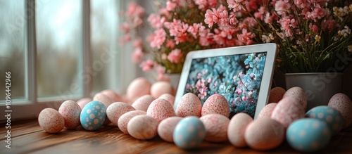 Easter celebration setup with tablet displaying floral images surrounded by colorful eggs and vibrant flowers in a warm indoor setting photo