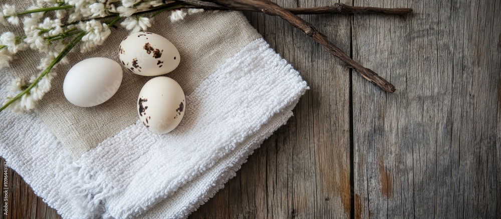 Fototapeta premium Quail eggs arranged on rustic wooden table with a cotton towel and willow branch enhancing natural farmhouse decor aesthetic