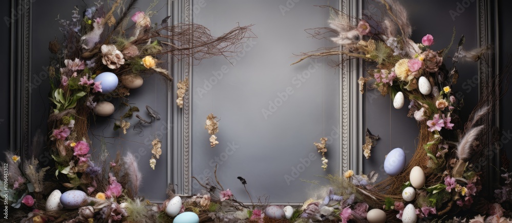 Fototapeta premium Springtime Easter backdrop with floral wreaths colorful eggs and delicate feathers for festive celebrations and decorations