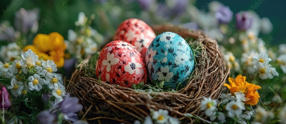 Colorful Easter eggs in a nest surrounded by vibrant spring flowers creating a festive and joyful atmosphere for the holiday season Colorful Easter eggs in a nest surrounded by vibrant spring flowers creating a festive and joyful atmosphere for the holiday season