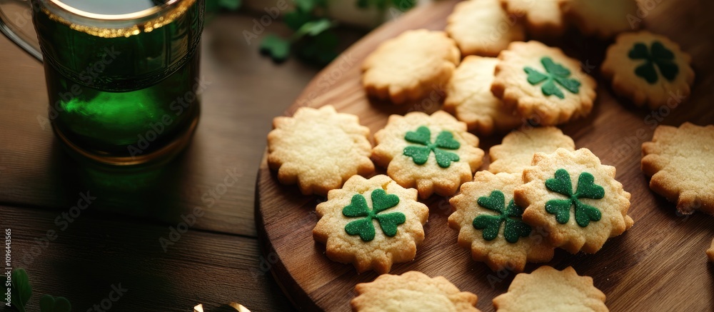 Saint Patrick's Day festive cookies decorated with green clovers and a glass of green drink on a wooden table setting Saint Patrick's Day festive cookies decorated with green clovers and a glass of green drink on a wooden table setting