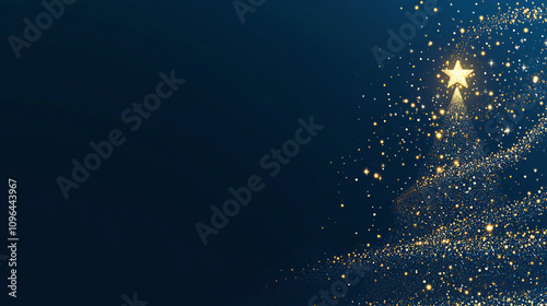 A blue background with a glowing Christmas tree, star, and swirls of light particles on the right side of it The Christmas tree is made from sparkling white lights