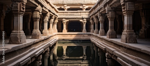 Adalaj Stepwell intricate architecture reflecting in tranquil waters surrounded by historic pillars in serene ambiance photo