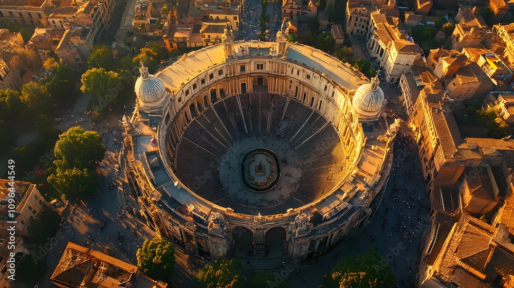 Aerial view of the grand amphitheater showcasing stunning architecture and vibrant surroundings. Aerial view of the grand amphitheater showcasing stunning architecture and vibrant surroundings.