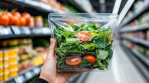 Person Holding a Clear Bag of Fresh Mixed Salad with Cherry Tomatoes in Grocery Store Aisle Full of Vegetables and Fruits, Ideal for Healthy Eating Promotion