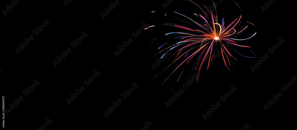 Fototapeta premium Colorful abstract firework bursting against a black sky with ample blank space for celebration themes and promotional text opportunities