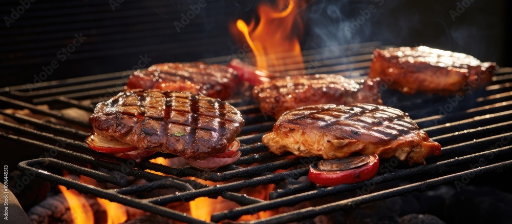 Barbecue Grill with Flame-Cooked Chicken and Beef Burgers on a Summer Evening