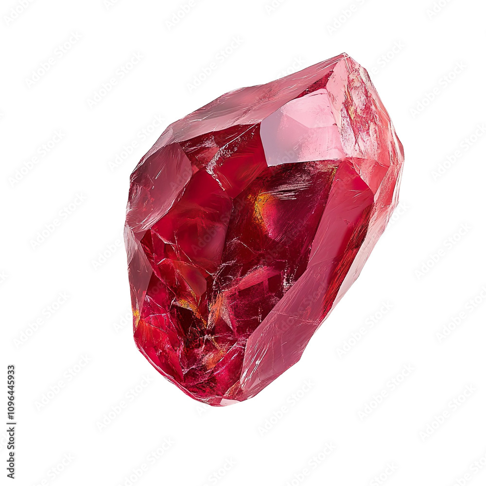 Top view of a hyperrealistic single uncut ruby in an irregular shape isolated on a white transparent background Top view of a hyperrealistic single uncut ruby in an irregular shape isolated on a white transparent background