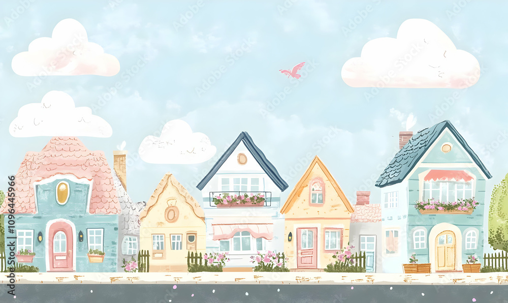 A whimsical illustration of colorful houses under a blue sky with fluffy clouds.