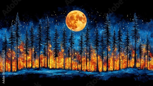 Enchanting Moonlit Forest Landscape with Glowing Autumn Foliage and Starry Skies