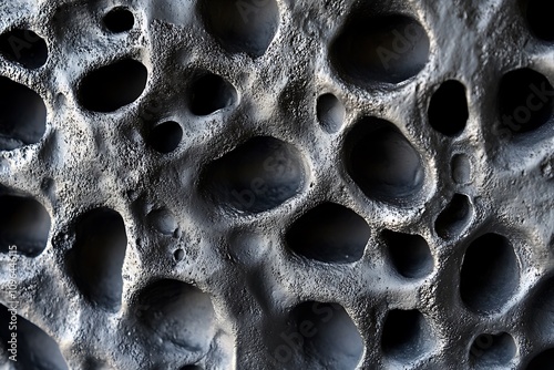 Close-up of a porous, dark gray, textured surface resembling a rock or metal.