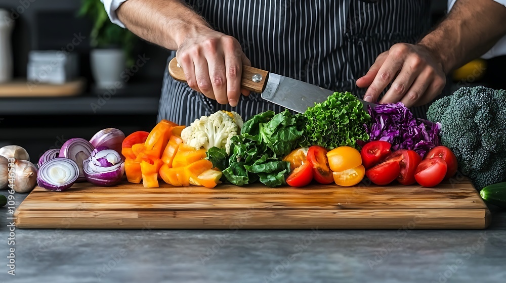 Professional Chef Preparing a Variety of Fresh Vegetables in a Kitchen Setting for Culinary Excellence and Healthy Cooking Professional Chef Preparing a Variety of Fresh Vegetables in a Kitchen Setting for Culinary Excellence and Healthy Cooking
