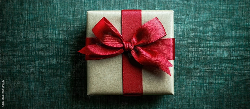 Elegant gift box with red ribbon on green background featuring flat lay style and ample copy space for holiday themes or Christmas marketing Elegant gift box with red ribbon on green background featuring flat lay style and ample copy space for holiday themes or Christmas marketing
