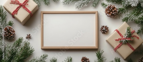 Festive Christmas Card Frame Surrounded by Snow Decorated Gift Boxes and Pine Cones on a Rustic Background