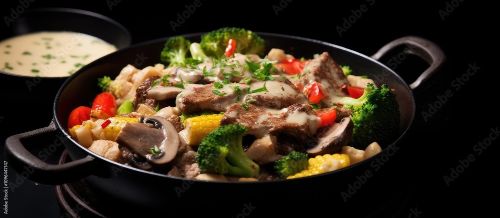 Fried beef stroganoff with vegetables in skillet dark background gourmet meal presentation