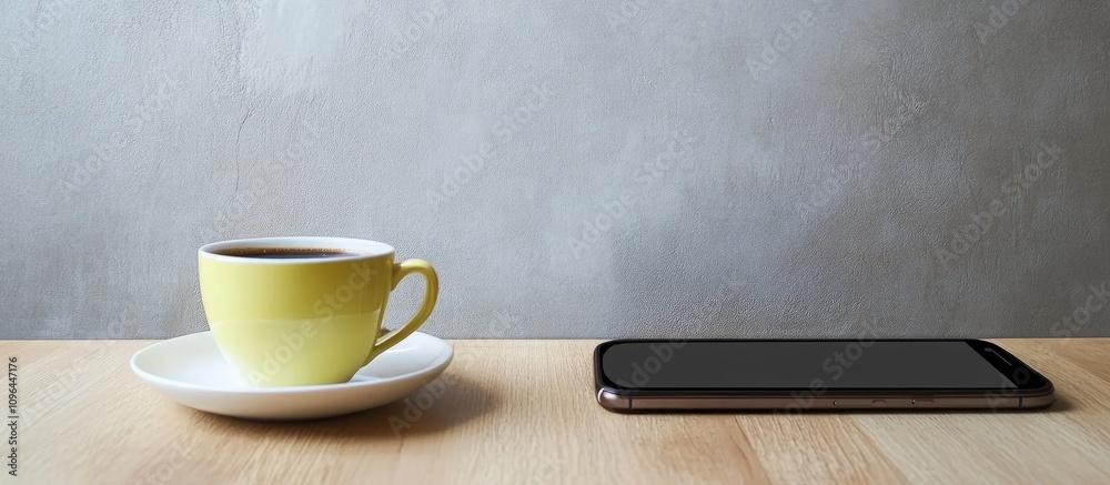 Coffee cup and smartphone on wooden table with minimalist wall backdrop creating a cozy, modern workspace atmosphere. Coffee cup and smartphone on wooden table with minimalist wall backdrop creating a cozy, modern workspace atmosphere.