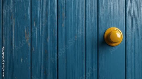  a yellow door knob on a blue wooden wall, providing a vivid contrast between the two colors
