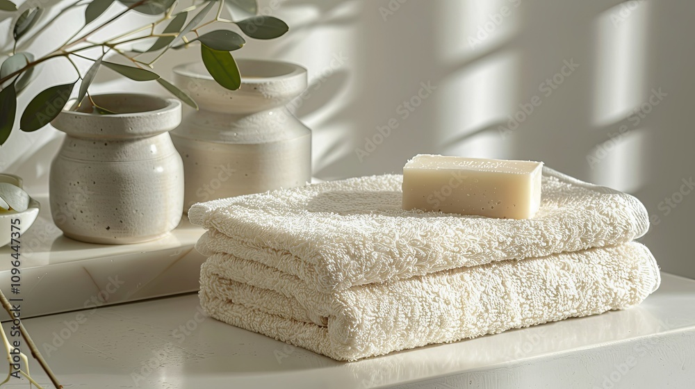 Spa-like setting with folded towels, soap, and ceramic vessels. Spa-like setting with folded towels, soap, and ceramic vessels.