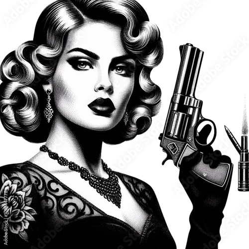 A glamorous woman dressed elegantly, holding a revolver, exuding vintage charm with a femme fatale theme. She was created in a scratchboard style, resembling a black-and-white sketch engraving,