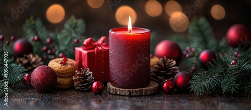 Warm holiday ambiance with red candle gifts and garnet cookies on rustic wood featuring festive greenery for seasonal greeting designs photo